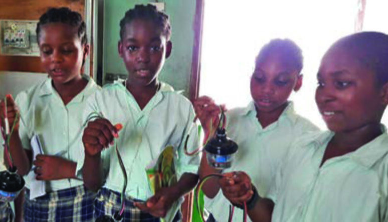 Students at Notre Dame Girls Academy in Kuje, Nigeria examine photovoltaic materials.